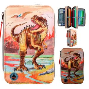 Dino World Triple Filled Pencil Case with LED Khaki