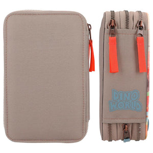 Dino World Triple Filled Pencil Case with LED Khaki